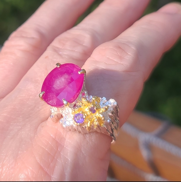HUGE 15k Star Ruby Amethyst &Sterling & Gold 🕷 spider ring sz 8.5 - Picture 3 of 9